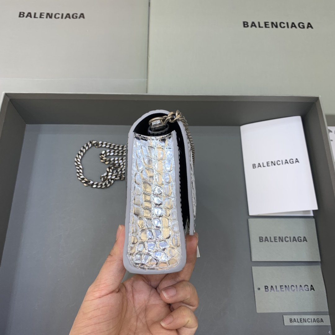 Balenciaga Small Hourglass Wallet With Chain Crocodile Embossed Shoulder Bag Silver